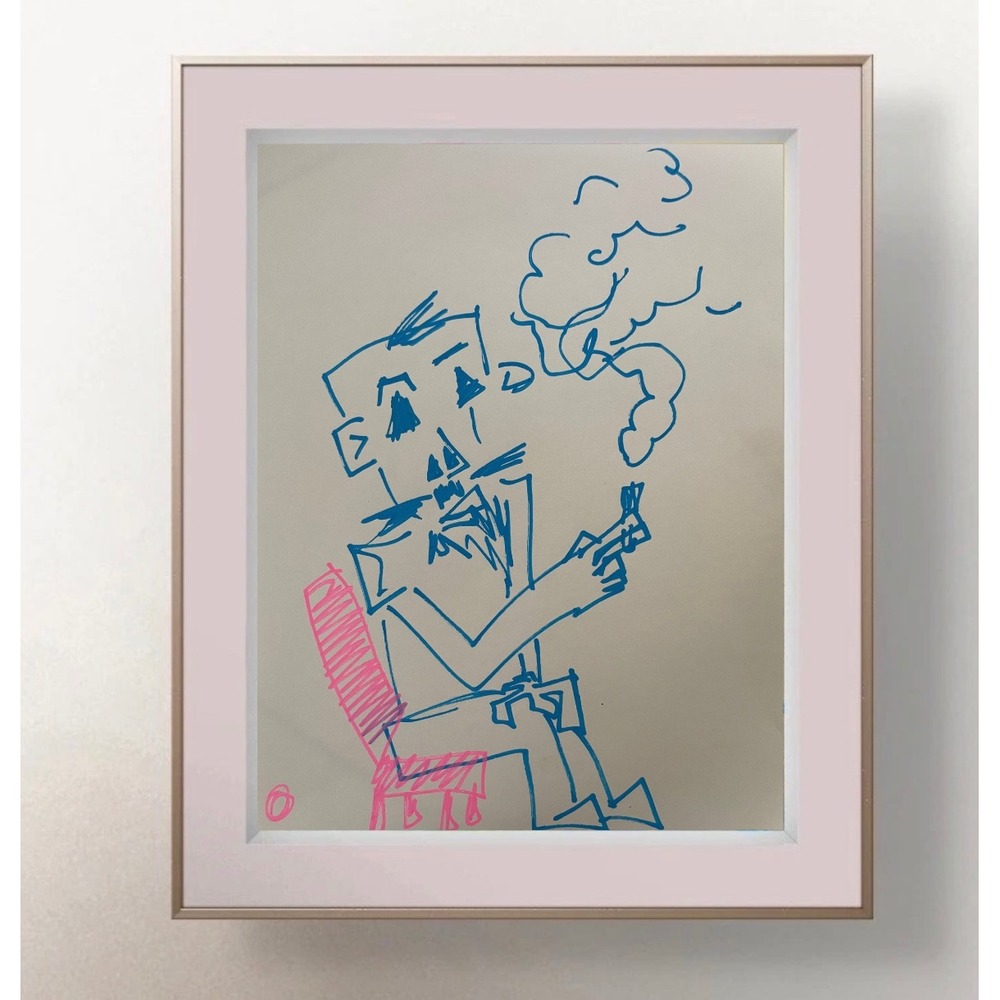 OMAN Original Art Drawing Blue Pink Smoking Man Figure Spiritual Outsider Art